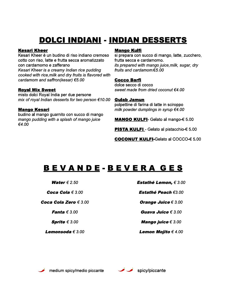 Royal india menu