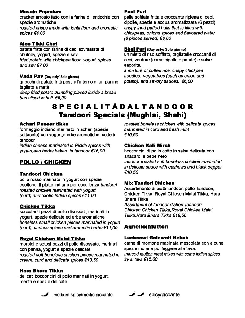 Royal india menu